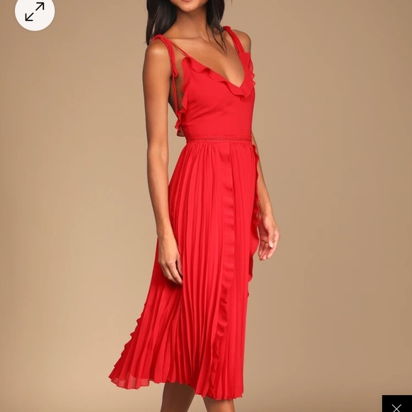 Lulu’s Never a Dull Moment Bright Red Tie-Strap Pleated Midi Dress red Small NWT - Picture 2 of 11